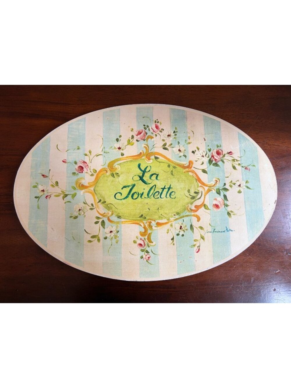 Shabby Chic/ French Country "La Toilette" Oval, Aqua and White Stripe, Wooden Ba